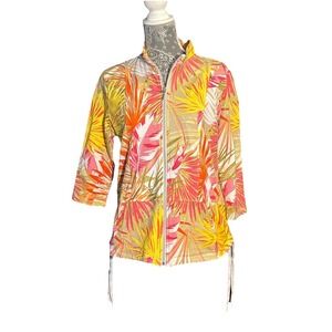 Onque Casual Tropical Floral Full Zip Jacket Pockets Yellow Large Lightweight
